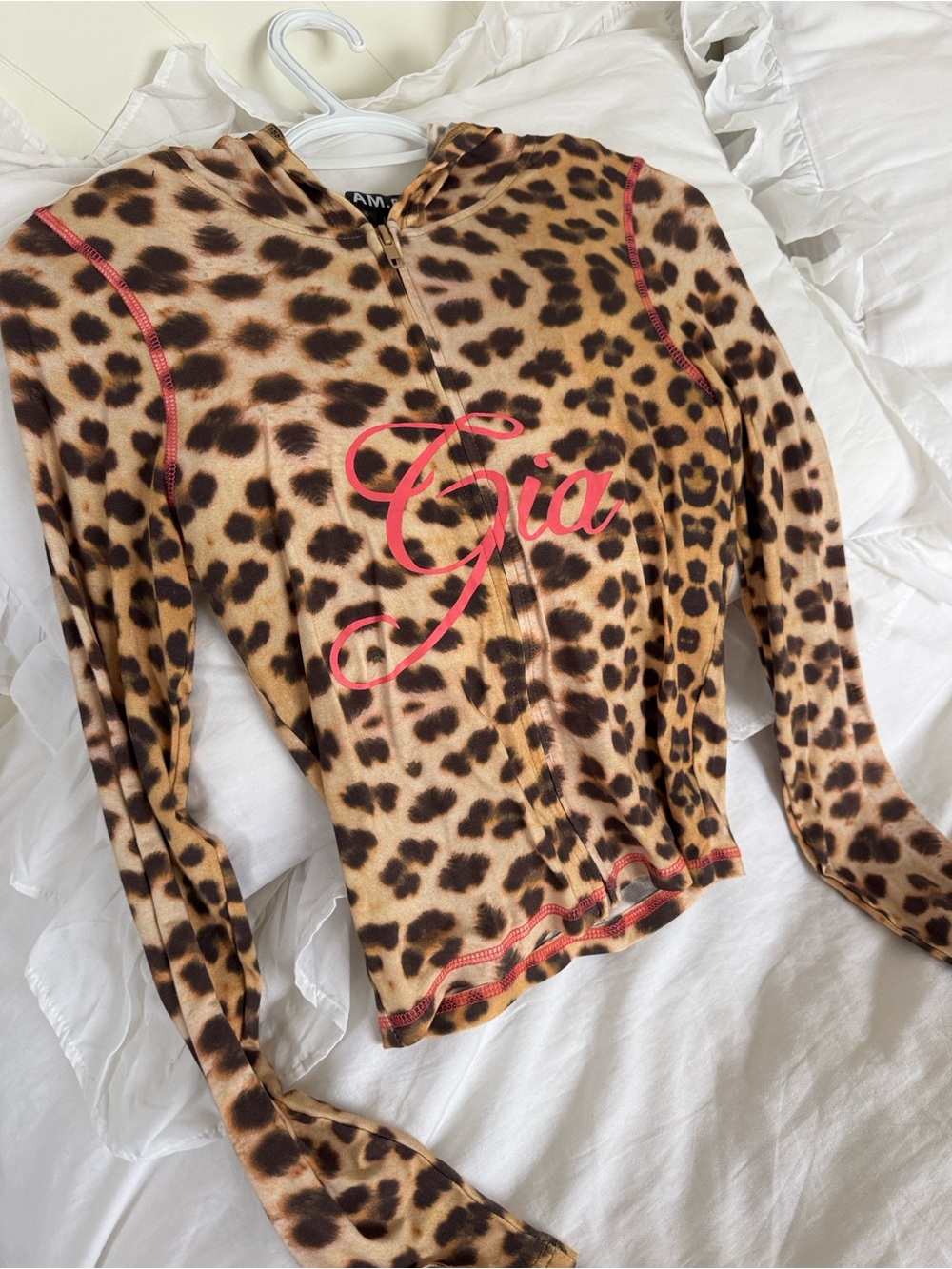 I.AM.GIA Leopard Zip-Up V-Neck Sweater — Brown with Pink Script